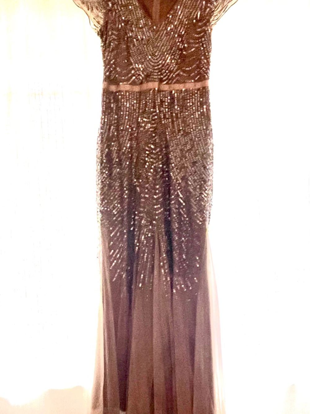 Adrianna Papell Beaded Taupe Maxi Gown